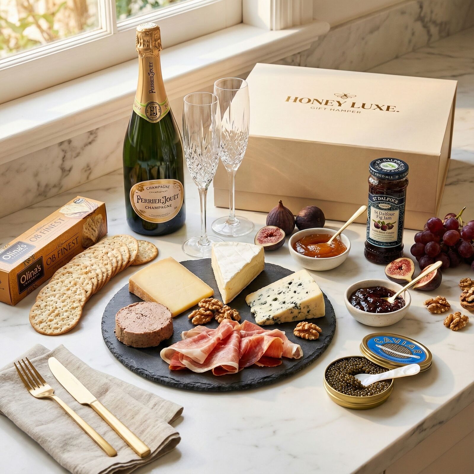 Perrier-Jouët Grand Brut Luxe Grazing Hamper — Champagne, Cheese, Charcuterie & Caviar
